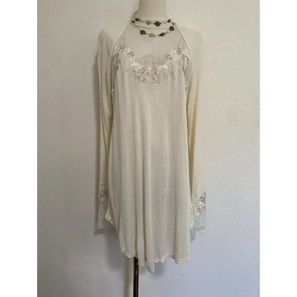 Free People Women's Size Large Ivory Saheli Mesh Embroidered Mock Neck Tunic Top